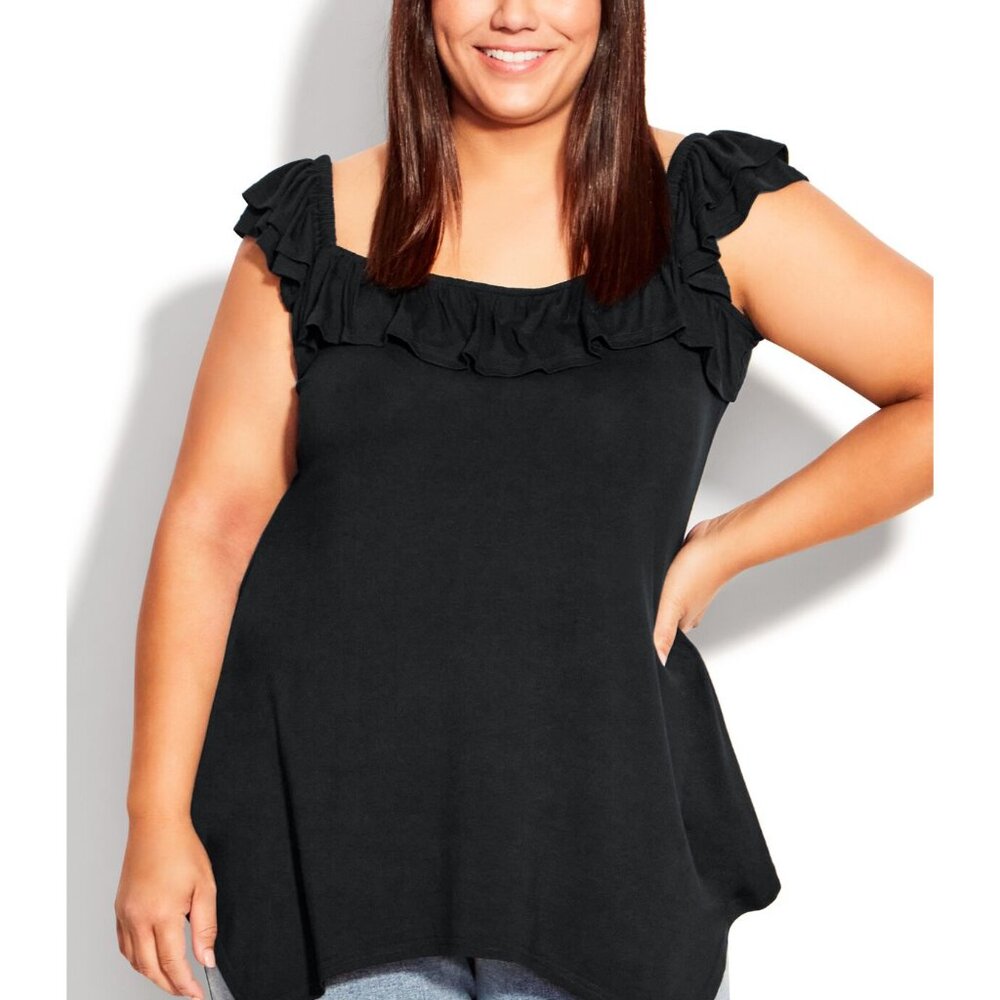 Avenue/Evans Serena Black Sleeveless Ruffled Neck Top NWT